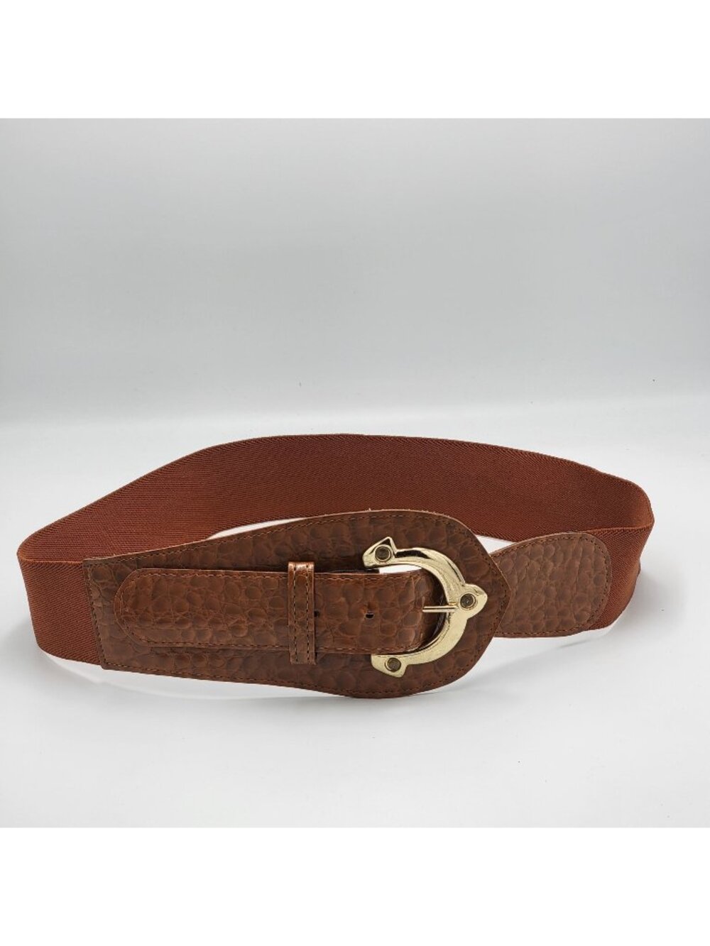 Vtg Faux Brown Croc-Embossed Wide Stretch Belt With Gold-Tone Buckle By Pyramid